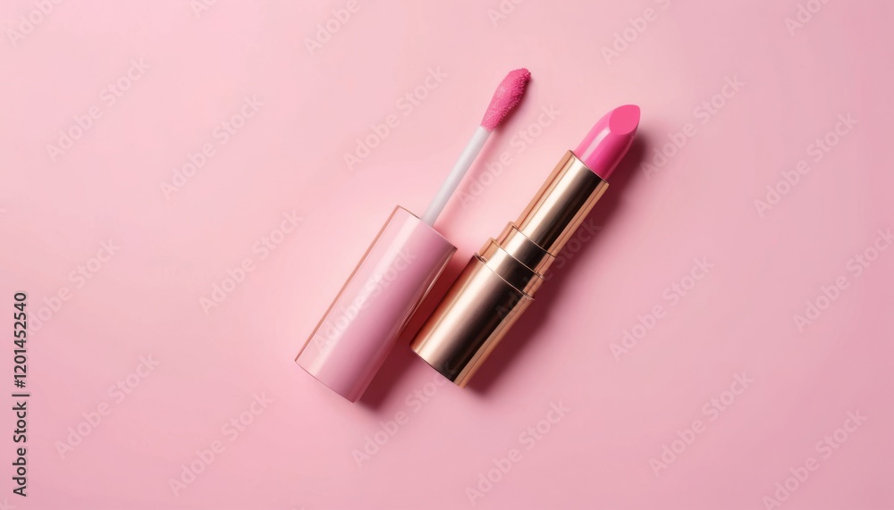 A lipstick tube surrounded by pink and red hearts as a symbol of beauty and glamor A lipstick tube surrounded by pink and red hearts as a symbol of beauty and glamor