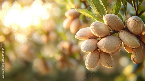 Ripe almonds on branch in orchard, sunset glow. photo