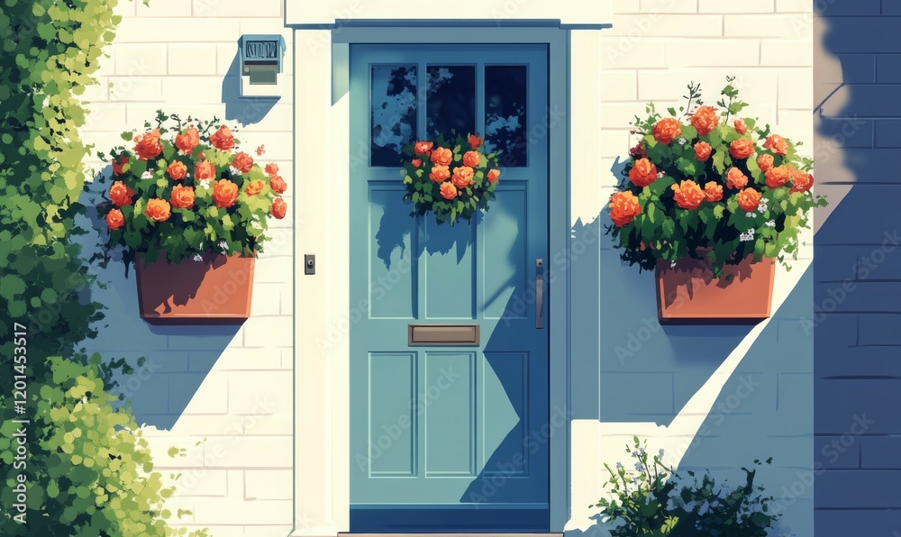 Naklejka premium A Front Door with a Window and Planters Full of Flowers