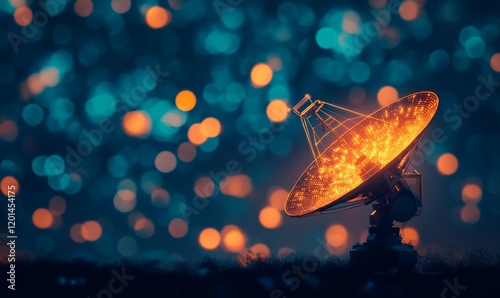 Fototapeta Naklejka Na Ścianę i Meble -  A glowing satellite dish against a dark blue and orange bokeh background