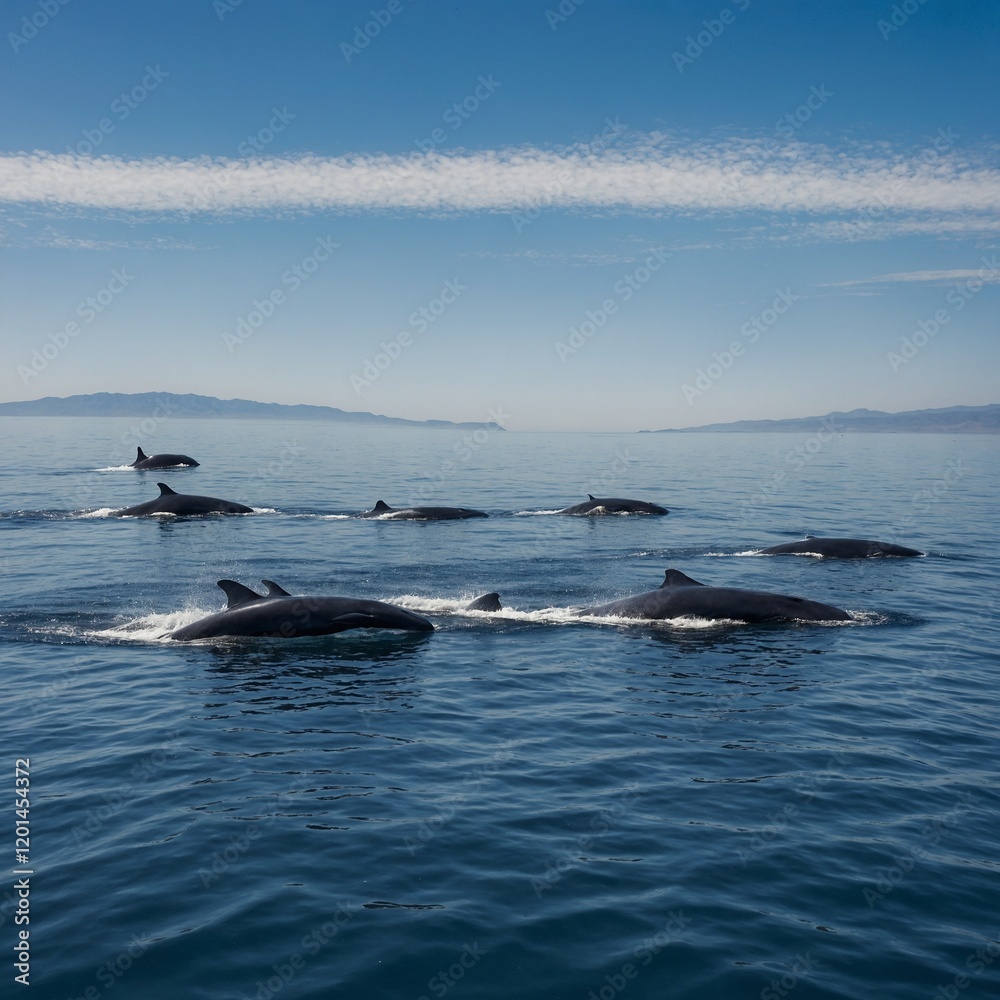 A group of blue whales migrating across a calm, endless sea. A group of blue whales migrating across a calm, endless sea.