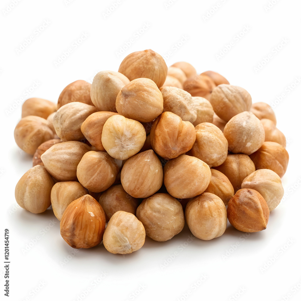 A pile of fresh hazelnuts, showcasing their brown, textured shells, isolated on a white background A pile of fresh hazelnuts, showcasing their brown, textured shells, isolated on a white background