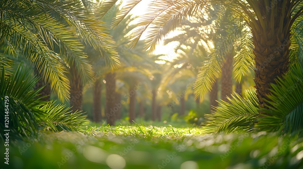 Fototapeta premium Sunlit Oasis of Date Palms,Serene Natural Ambiance with Filtered Sunlight
