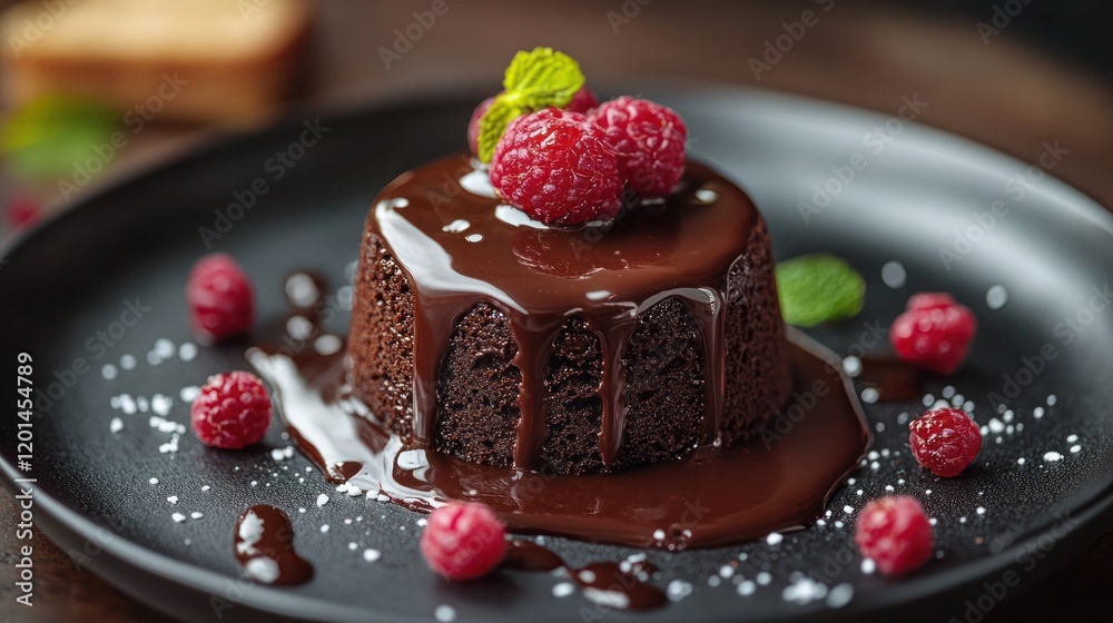 a chocolate lava cake drizzled in chocolate syrup and topped with fresh berries a chocolate lava cake drizzled in chocolate syrup and topped with fresh berries