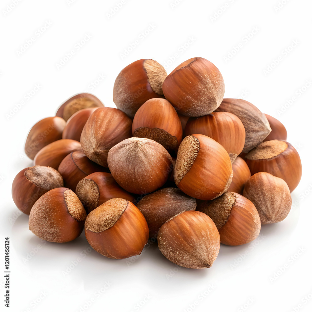 A pile of fresh hazelnuts, showcasing their brown, textured shells, isolated on a white background A pile of fresh hazelnuts, showcasing their brown, textured shells, isolated on a white background