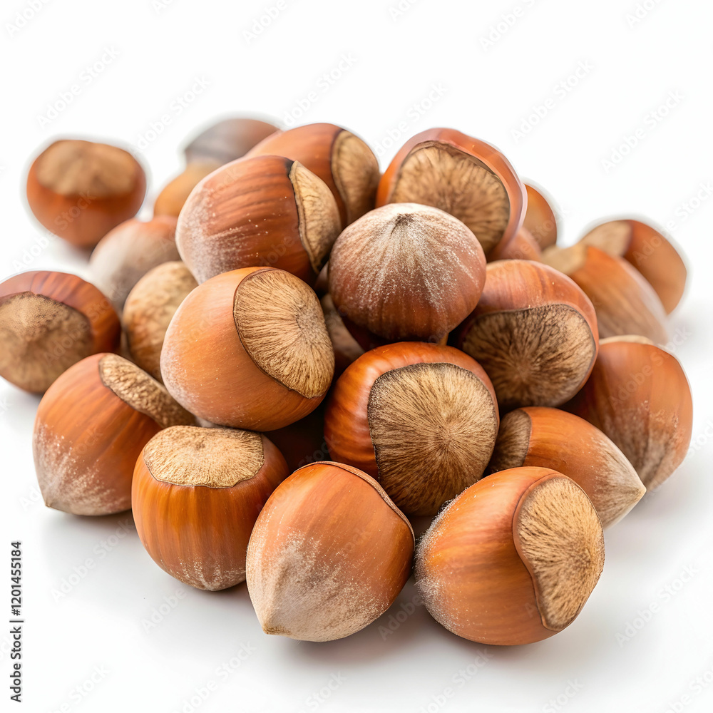 A pile of fresh hazelnuts, showcasing their brown, textured shells, isolated on a white background A pile of fresh hazelnuts, showcasing their brown, textured shells, isolated on a white background