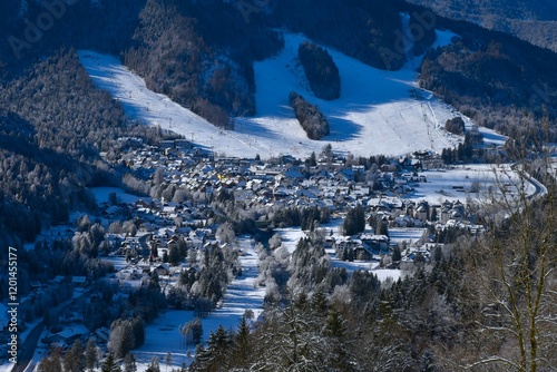 Принти на полотні Kranjska Gora town in Gorenjska, Slovenia and skiing slopes above