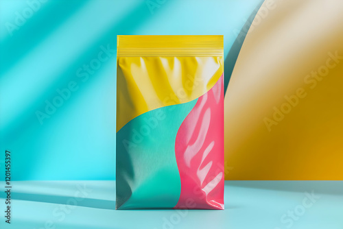 A gusset pouch mockup with a colorful design, featuring smooth textures and vibrant colors to highlight packaging ideas.