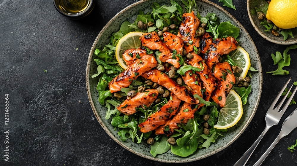Grilled salmon salad with capers and lemon. Grilled salmon salad with capers and lemon.