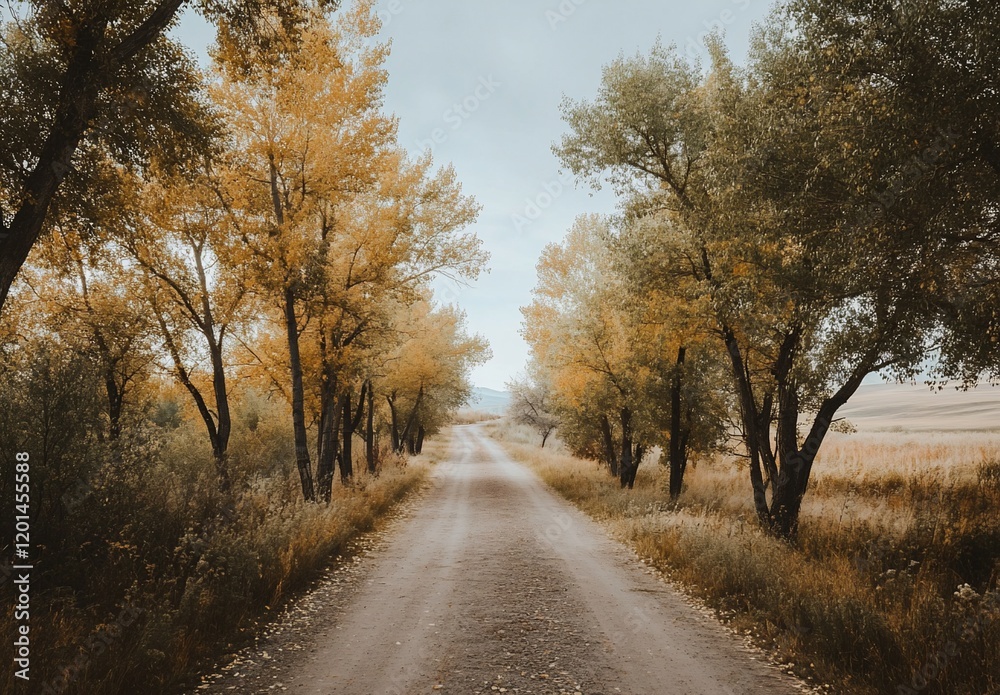 Dirt road lined with autumn trees leading to a distant hill. Dirt road lined with autumn trees leading to a distant hill.