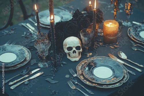 Gothic halloween feast table setting haunted location artistic representation spooky atmosphere aesthetic viewpoint candlelit elegance photo