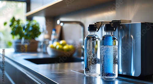 Sleek, modern water filtration system with eco-friendly design and clear blue accents. photo