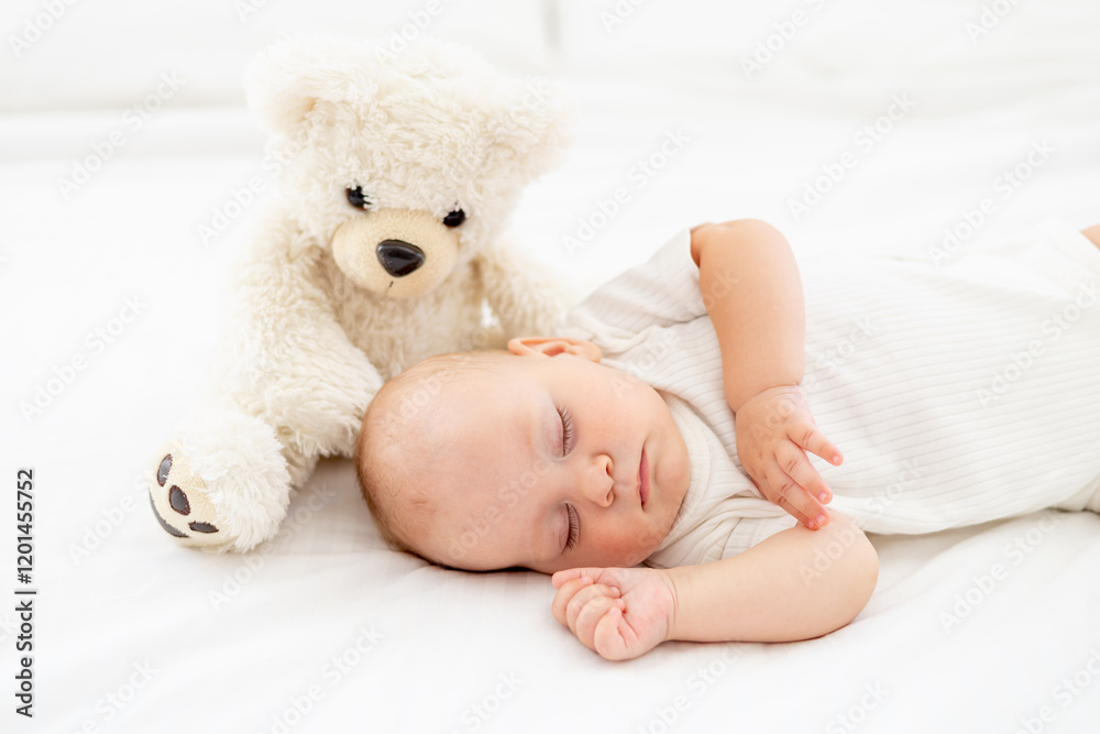 cute little newborn baby sleeping with a teddy bear, sweet healthy baby sleep in a white crib, a place for text cute little newborn baby sleeping with a teddy bear, sweet healthy baby sleep in a white crib, a place for text