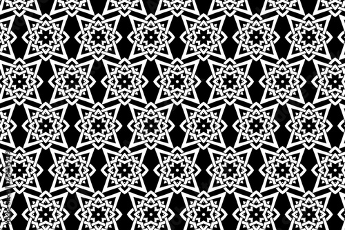 Black and white geometric pattern with interlocking star shapes.