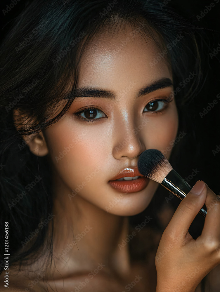 Obraz premium Beautiful Southeast Asian female model applying makeup soft brush elegance modern beauty trends luxurious, studio lit flawless skin fashion aesthetic wall art chic girl stylish soft woman atrractive