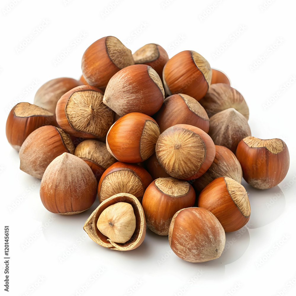 A pile of fresh hazelnuts, showcasing their brown, textured shells, isolated on a white background A pile of fresh hazelnuts, showcasing their brown, textured shells, isolated on a white background