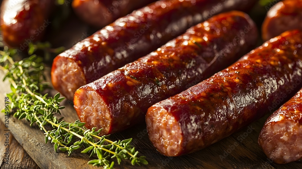 Closeup of Savory Smoked Sausage Links on a Wooden Serving Board with Fresh Herbs Closeup of Savory Smoked Sausage Links on a Wooden Serving Board with Fresh Herbs