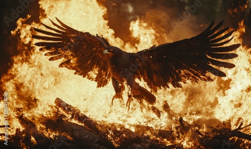 A majestic phoenix rises from a burning pyre of wood, symbolizing rebirth, transformation, and the triumph of spirit over adversity. photo