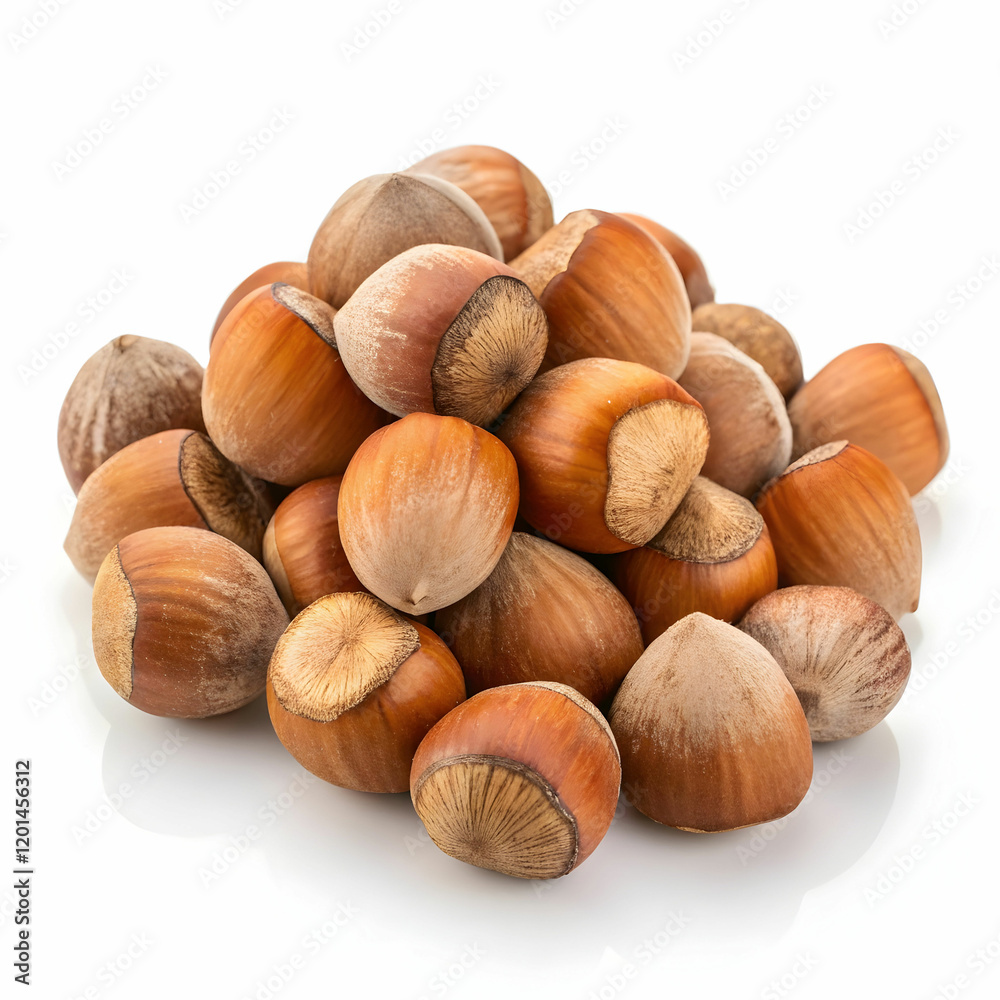A pile of fresh hazelnuts, showcasing their brown, textured shells, isolated on a white background A pile of fresh hazelnuts, showcasing their brown, textured shells, isolated on a white background