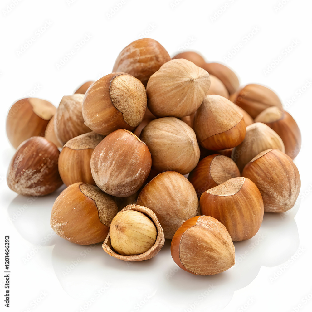 A pile of fresh hazelnuts, showcasing their brown, textured shells, isolated on a white background A pile of fresh hazelnuts, showcasing their brown, textured shells, isolated on a white background