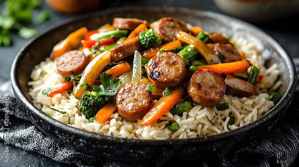 Flavorful Sausage and Vegetable Stir-Fry Served Over Jasmine Rice on Ceramic Plate Flavorful Sausage and Vegetable Stir-Fry Served Over Jasmine Rice on Ceramic Plate