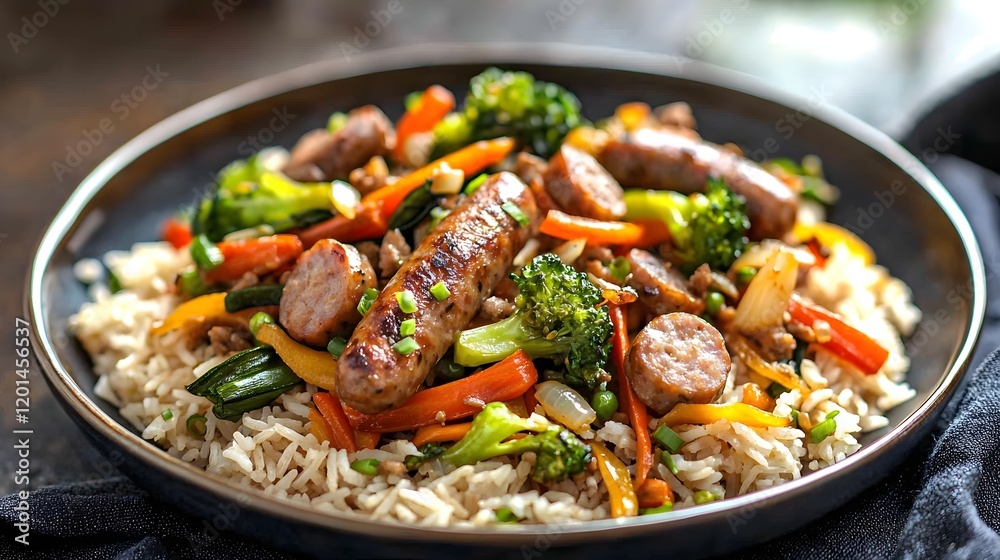 Sausage and Vegetable Stir-Fry on Jasmine Rice,Modern and Flavorful Culinary Dish Sausage and Vegetable Stir-Fry on Jasmine Rice,Modern and Flavorful Culinary Dish