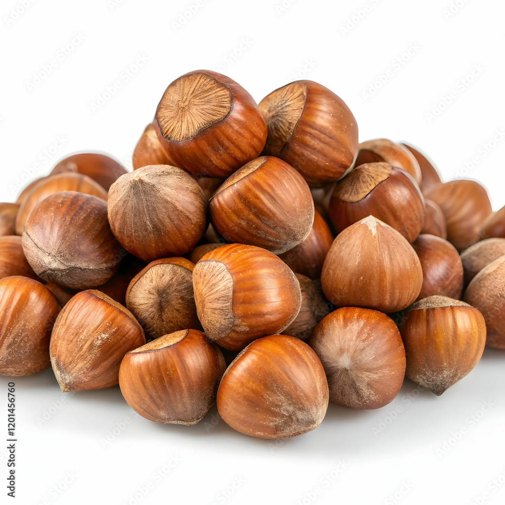 A pile of fresh hazelnuts, showcasing their brown, textured shells, isolated on a white background A pile of fresh hazelnuts, showcasing their brown, textured shells, isolated on a white background