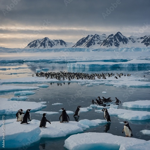 An arctic scene with penguins on an icy plain. photo