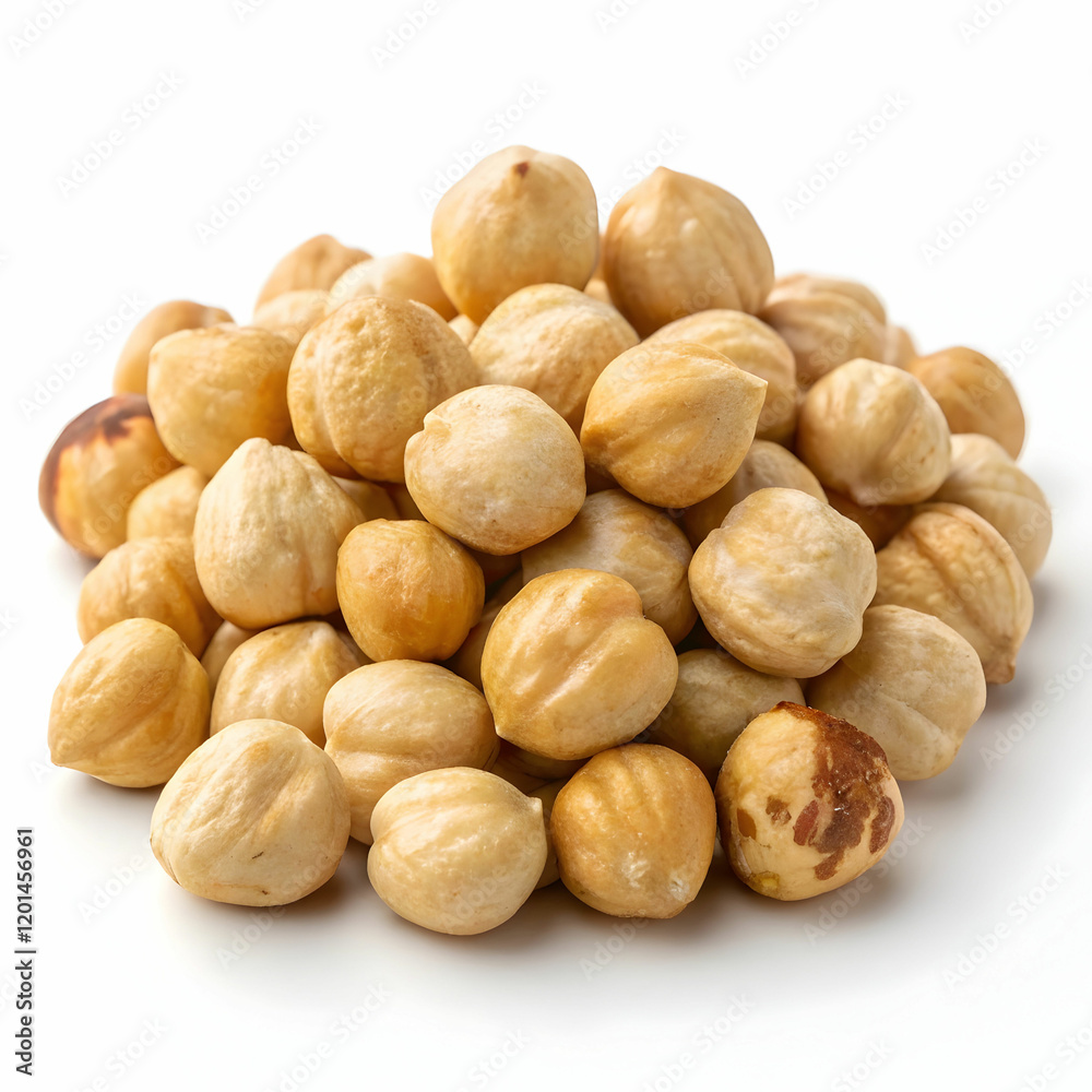 A pile of fresh hazelnuts, showcasing their brown, textured shells, isolated on a white background A pile of fresh hazelnuts, showcasing their brown, textured shells, isolated on a white background