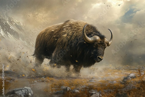 Powerful yak charging through autumnal mountain landscape, dust and leaves flying.