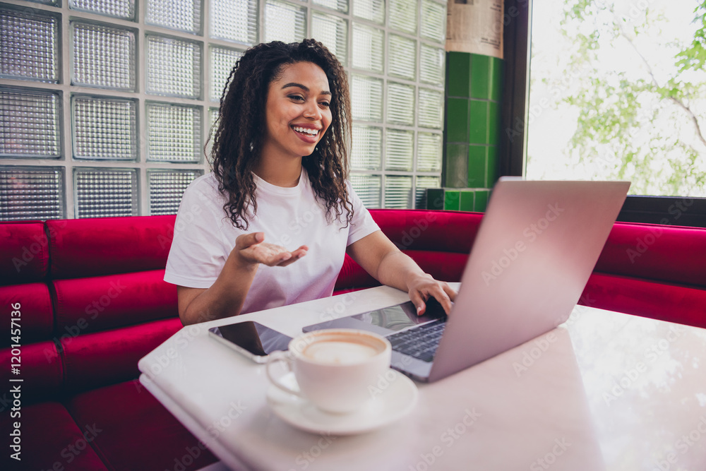 Photo of successful business lady talk video call laptop modern interior office coffee shop indoors