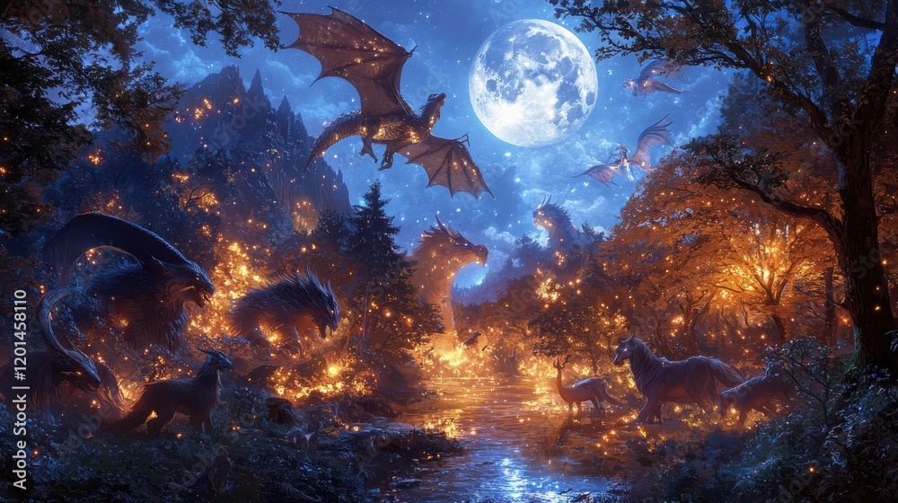 Obraz premium Mythical creatures celebration under the full moon enchanted glade fantasy artwork magical atmosphere nighttime viewpoint vibrant enchantment