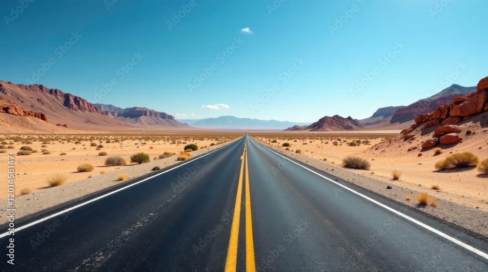 Endless Asphalt Journey Across a Desolate, Rocky Landscape Under a Vivid Blue Sky Endless Asphalt Journey Across a Desolate, Rocky Landscape Under a Vivid Blue Sky