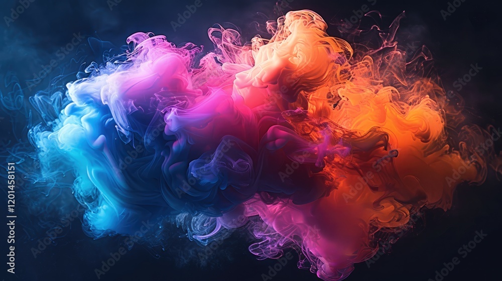 A colorful smoke swirling and billowing against black background. The smoke feature vibrant hues such as neon pink, and glowing yellow, blending seamlessly to create a mesmerizing gradient effect.