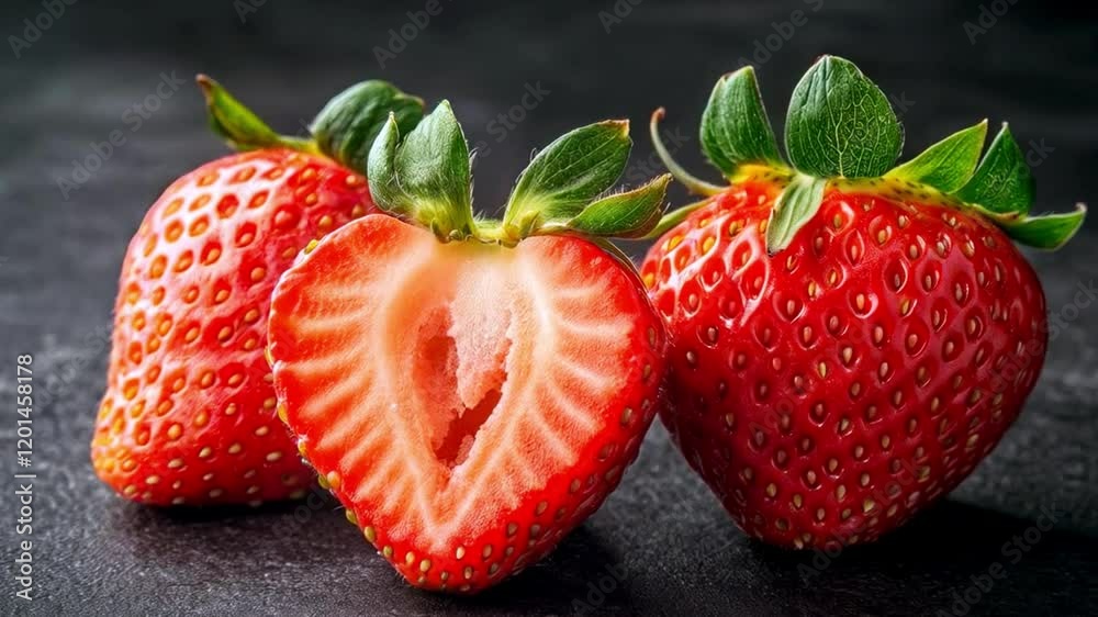 Fresh strawberries display their vibrant red color and juicy interior, showcasing their sweetness and texture.