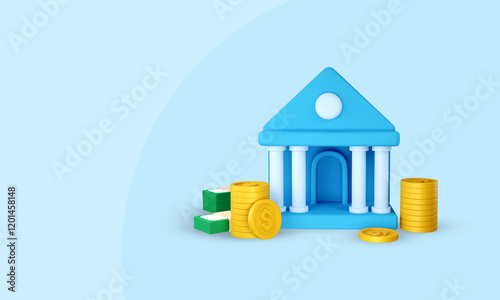 Bank building and coin and paper currency, 3D illustration photo