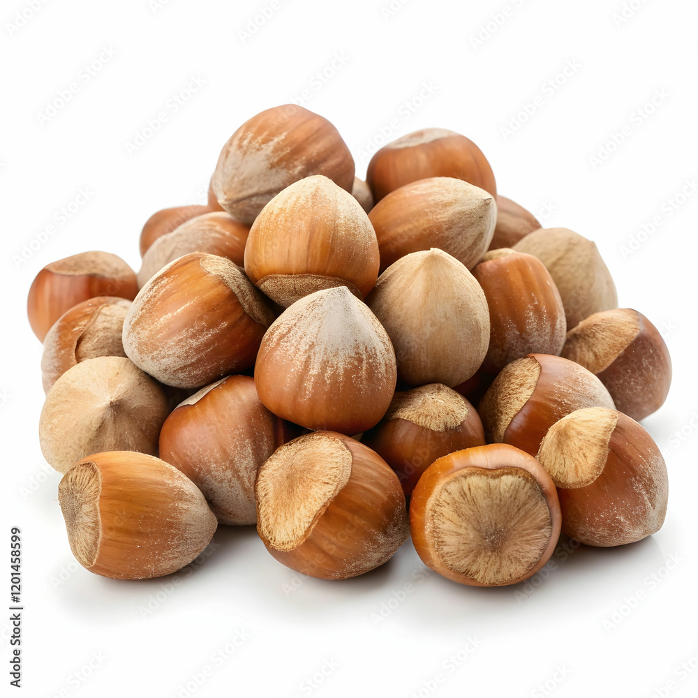 A pile of fresh hazelnuts, showcasing their brown, textured shells, isolated on a white background A pile of fresh hazelnuts, showcasing their brown, textured shells, isolated on a white background