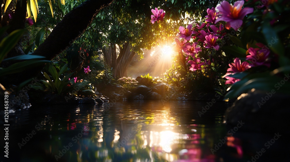 Fototapeta premium Serene Sunrise in a Tropical Paradise: A Tranquil Oasis of Lush Greenery and Vibrant Blooms