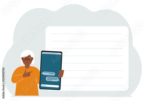 A woman holds a mobile phone with correspondence and SMS messages in his hand. Advertising, poster, place for text.