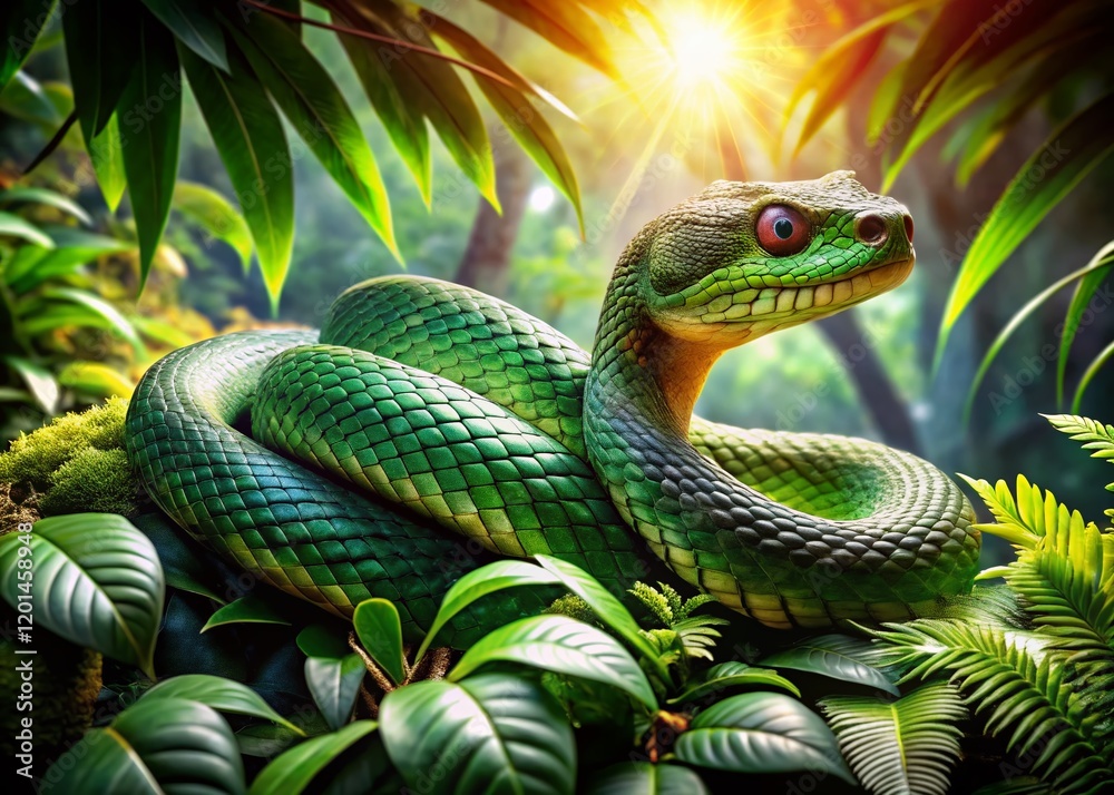 Fototapeta premium Rhinoceros Snake in Lush Tropical Habitat - Wildlife Stock Photo