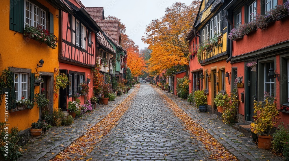 Fototapeta premium Charming cobblestone street lined with colorful houses and autumn foliage, creating a picturesque scene