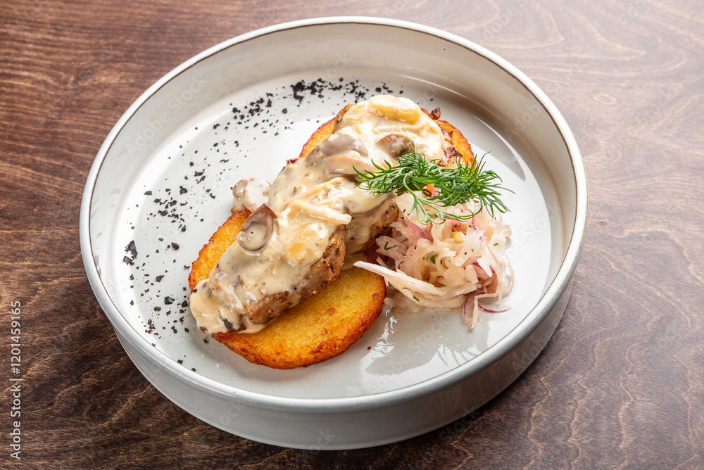 A gourmet dish featuring two golden cornbread slices topped with creamy mushroom sauce, shredded chicken, and garnished with herbs. Presented on a minimalist white plate against a wooden background. A gourmet dish featuring two golden cornbread slices topped with creamy mushroom sauce, shredded chicken, and garnished with herbs. Presented on a minimalist white plate against a wooden background.