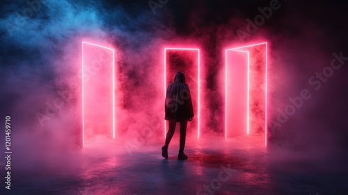 A figure stands before glowing neon doors in a foggy setting, symbolizing choices and opportunities amidst uncertainty and mystery in a vibrant environment.