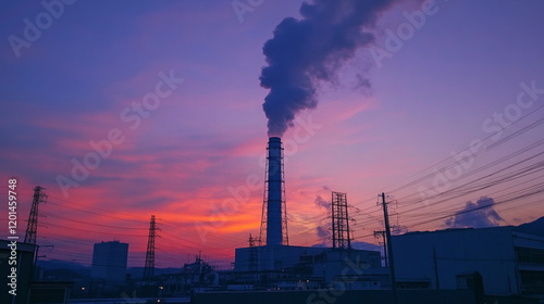 Cooling tower at power plant emitting steam against a colorful sunset skyline