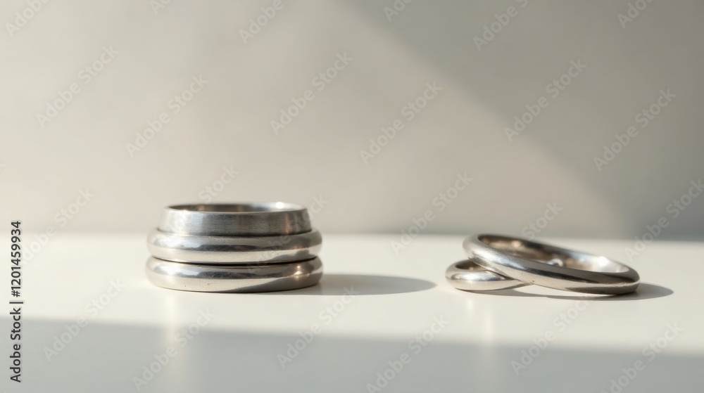 Stack of Silver Rings and Two Intertwined Bands on White Surface in Soft Light Stack of Silver Rings and Two Intertwined Bands on White Surface in Soft Light