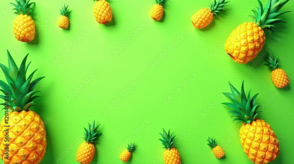 Vibrant Yellow Pineapples Arranged on a Lime Green Background, Creating a Delightful and Refreshing Summer Composition Perfect for Tropical Themed Designs and Projects Vibrant Yellow Pineapples Arranged on a Lime Green Background, Creating a Delightful and Refreshing Summer Composition Perfect for Tropical Themed Designs and Projects