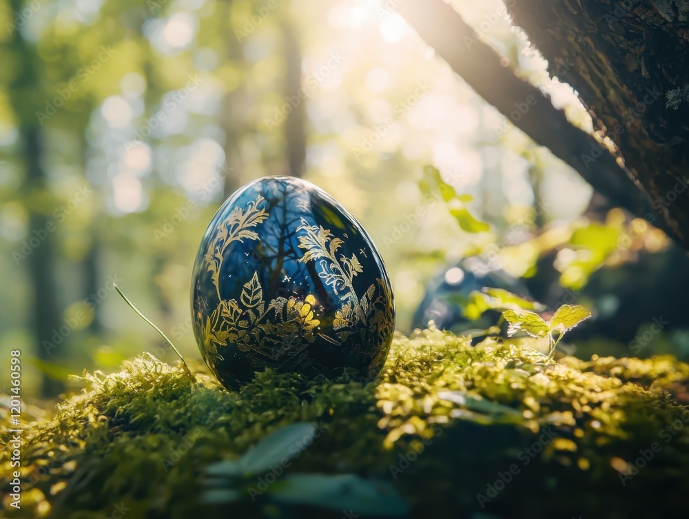 Intricate easter egg display serene forest closeup photography natural environment sunlit perspective spring celebration Intricate easter egg display serene forest closeup photography natural environment sunlit perspective spring celebration