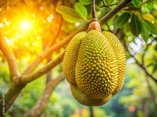 Ripe Jackfruit Hanging on Tree in Lush Garden with Bokeh Background