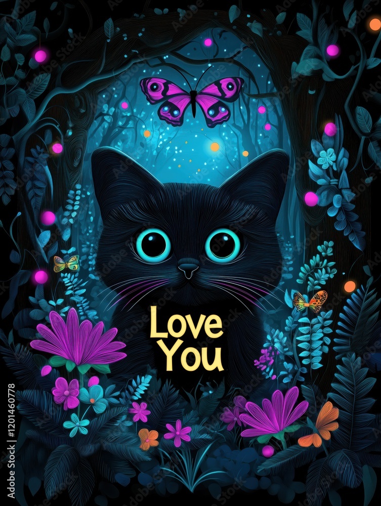 A black cat with glowing eyes surrounded by colorful plants, flowers, and 'Love You' text, evoking a mysterious and enchanting mood with magical lighting A black cat with glowing eyes surrounded by colorful plants, flowers, and 'Love You' text, evoking a mysterious and enchanting mood with magical lighting