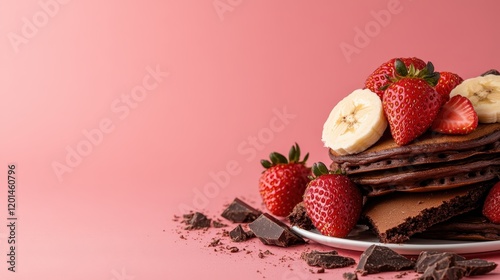 This image features a towering stack of rich chocolate pancakes adorned with strawberries and bananas, offering a decadent treat for dessert lovers in a delicious display. photo